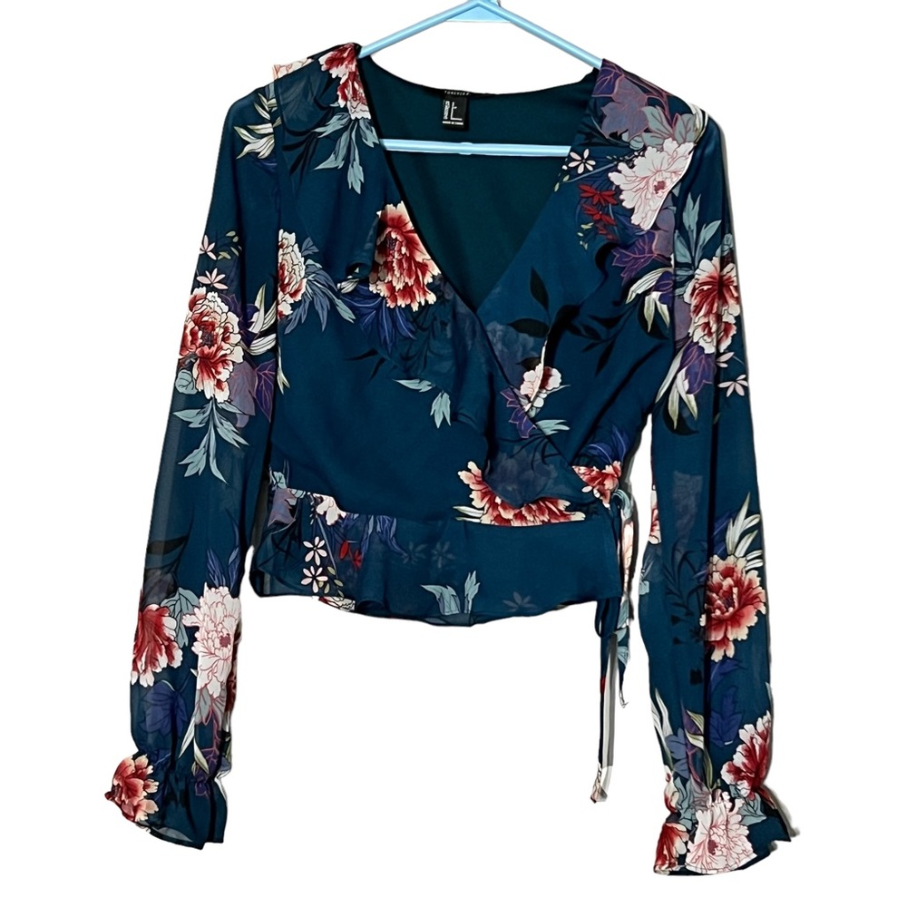 Forever 21 Women’s Teal Floral Print Sheer Sleeves Wrap Blouse